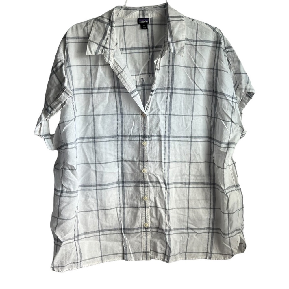 Patagonia Organic Cotton Short Sleeve White Blue Plaid Button Shirt Size XL